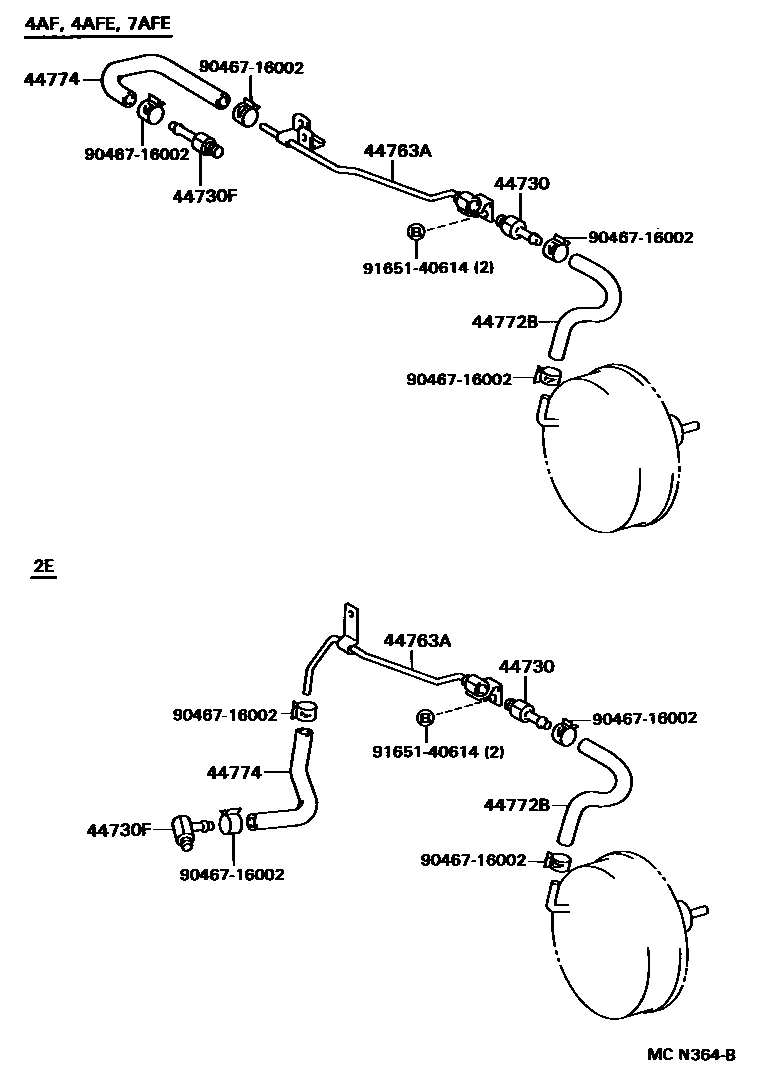 Toyota COROLLA 制动助力器和真空管 EPC diagram — MCN364B