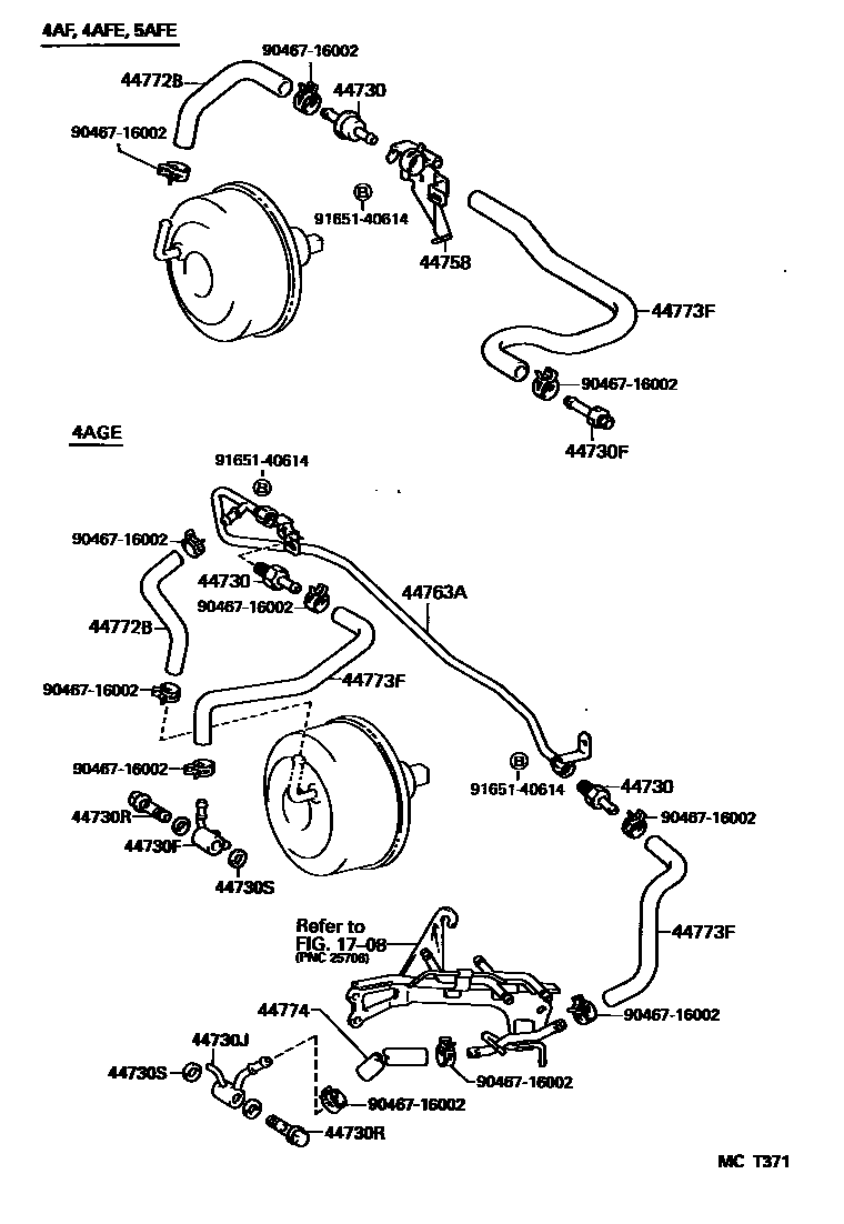 Toyota COROLLA 制动助力器和真空管 EPC diagram — MCT371