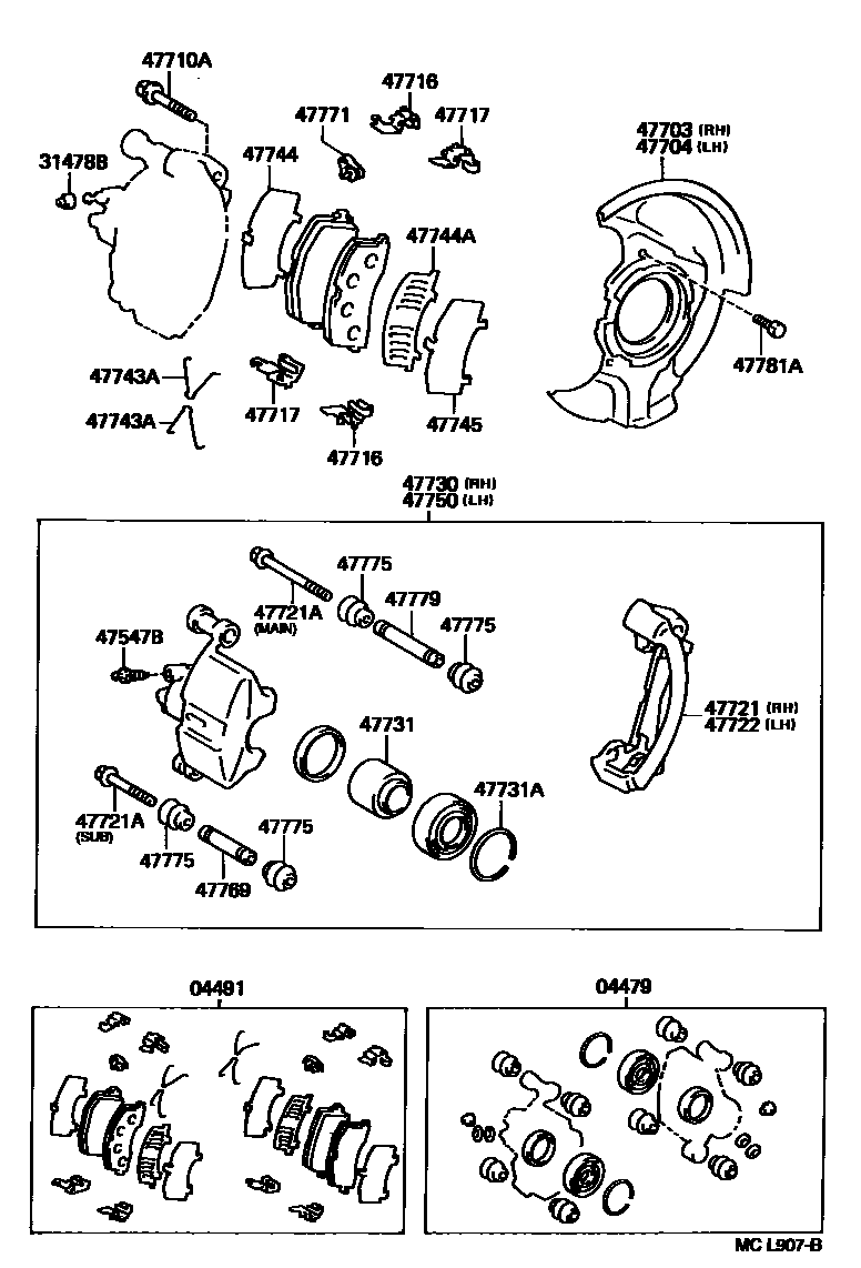 Toyota COROLLA 前盘式制动器卡钳和防尘罩 EPC diagram — MCL907B
