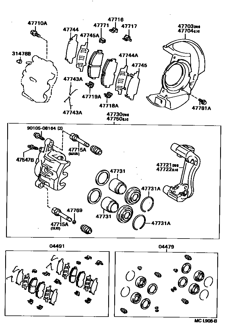 Toyota COROLLA 前盘式制动器卡钳和防尘罩 EPC diagram — MCL908B