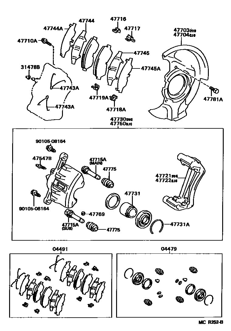 Toyota COROLLA 前盘式制动器卡钳和防尘罩 EPC diagram — MCR252B
