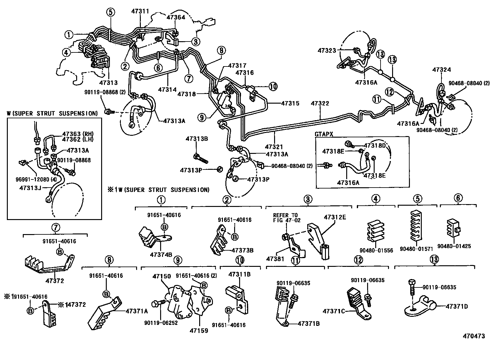 Toyota COROLLA 制动配管和卡箍 EPC diagram — 470473