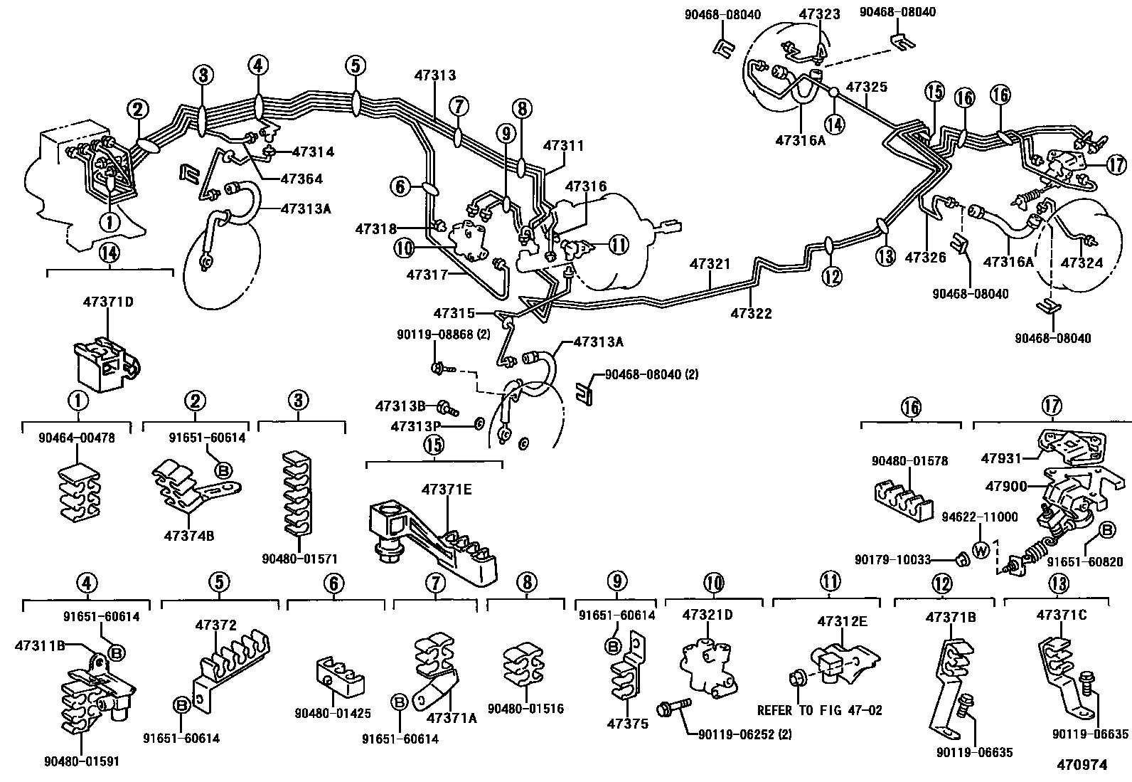 Toyota COROLLA 制动配管和卡箍 EPC diagram — 470974