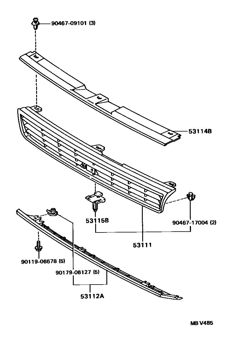 Toyota COROLLA radiator grille EPC diagram — MBV485