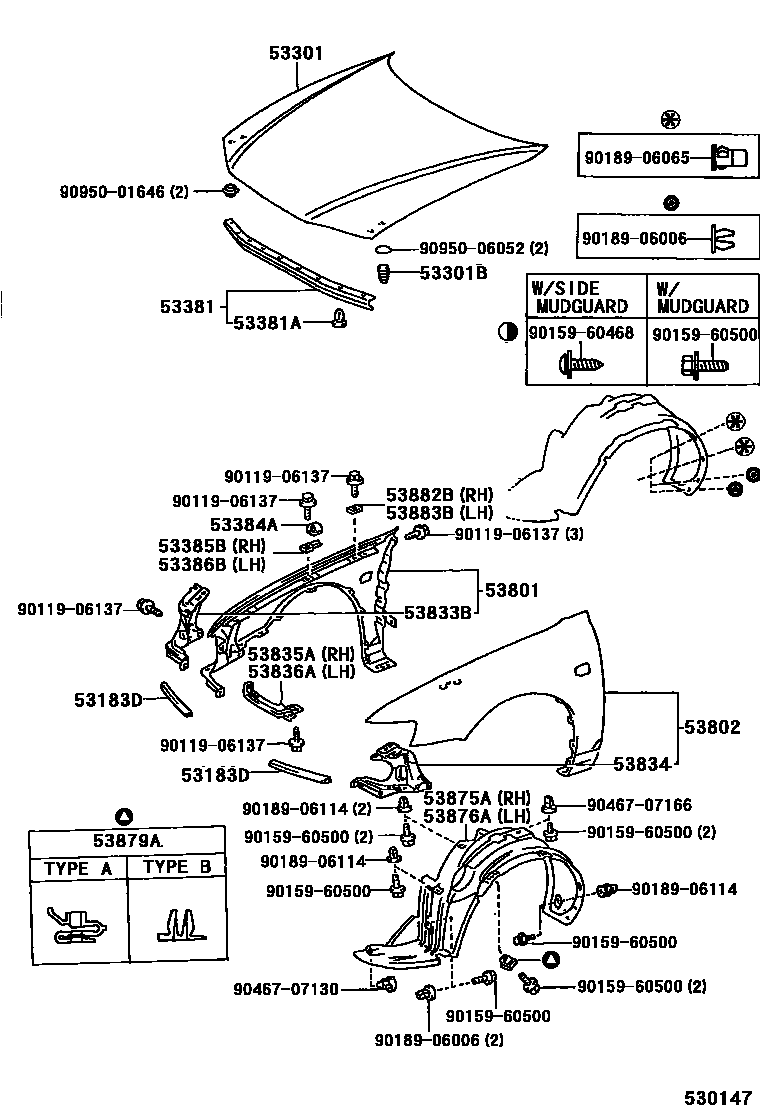 Toyota COROLLA 发动机盖和前翼子板 EPC diagram — 530147
