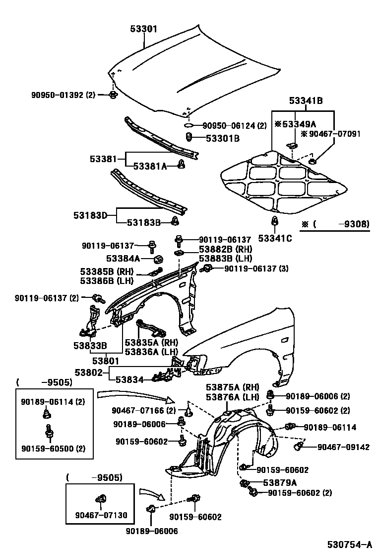 Toyota COROLLA 发动机盖和前翼子板 EPC diagram — 530754A