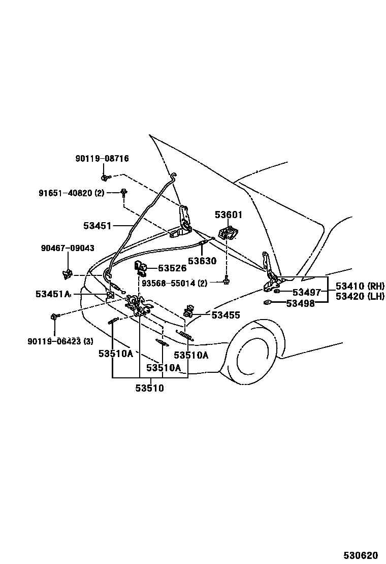 Toyota COROLLA 发动机盖锁和铰链 EPC diagram — 530620