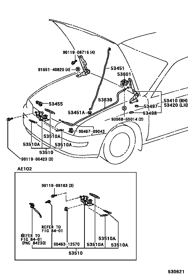 Toyota COROLLA 发动机盖锁和铰链 EPC diagram — 530621