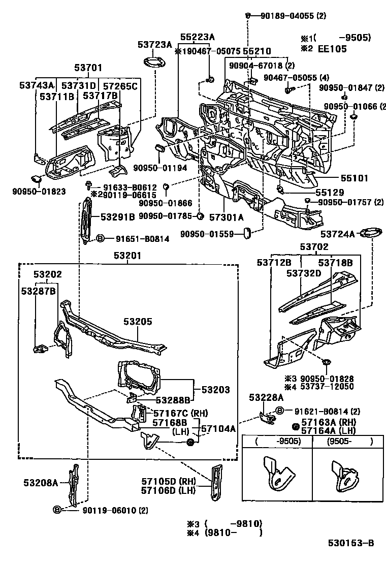 Toyota COROLLA 前翼子板挡泥板和前围板 EPC diagram — 530153B