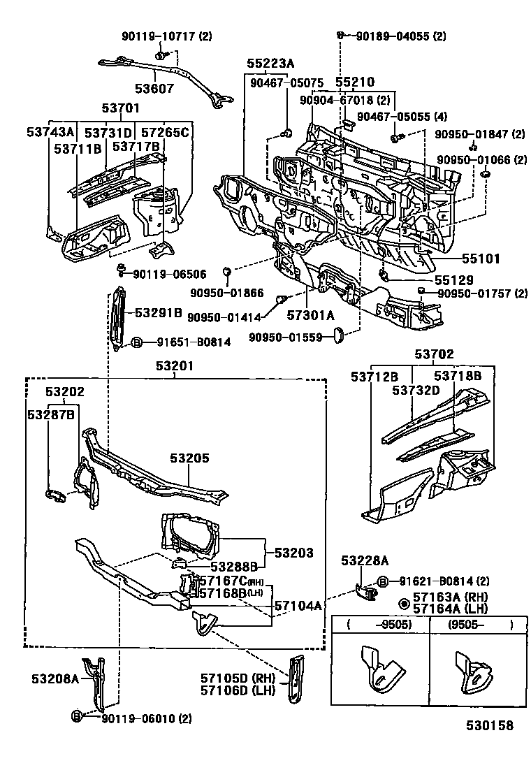 Toyota COROLLA 前翼子板挡泥板和前围板 EPC diagram — 530158