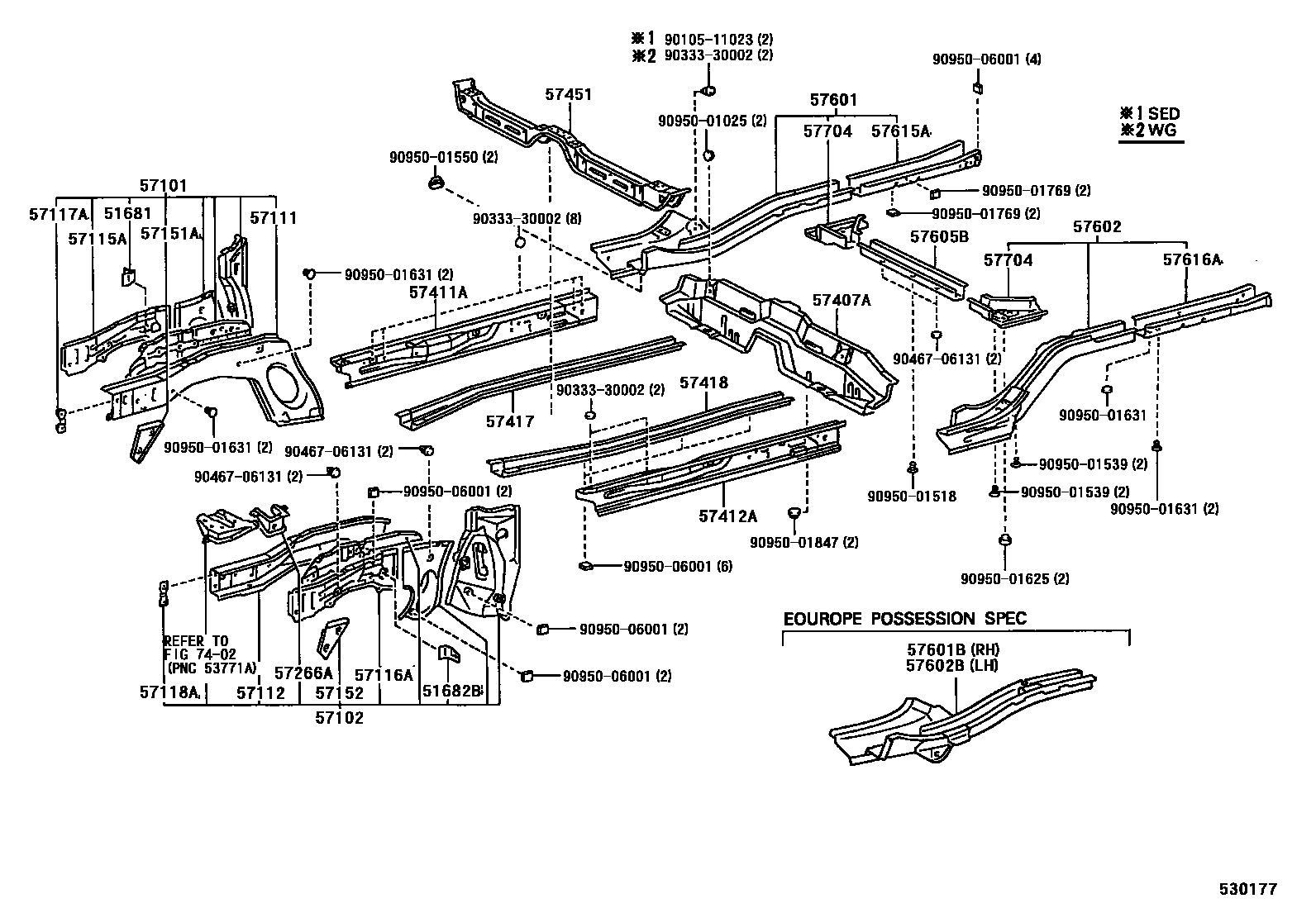 Toyota COROLLA Floor stringers EPC diagram — 530177