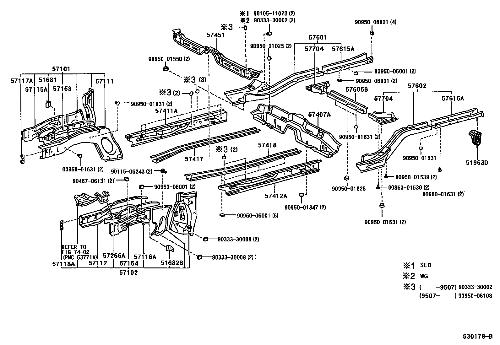 Toyota COROLLA Floor stringers EPC diagram — 530178B