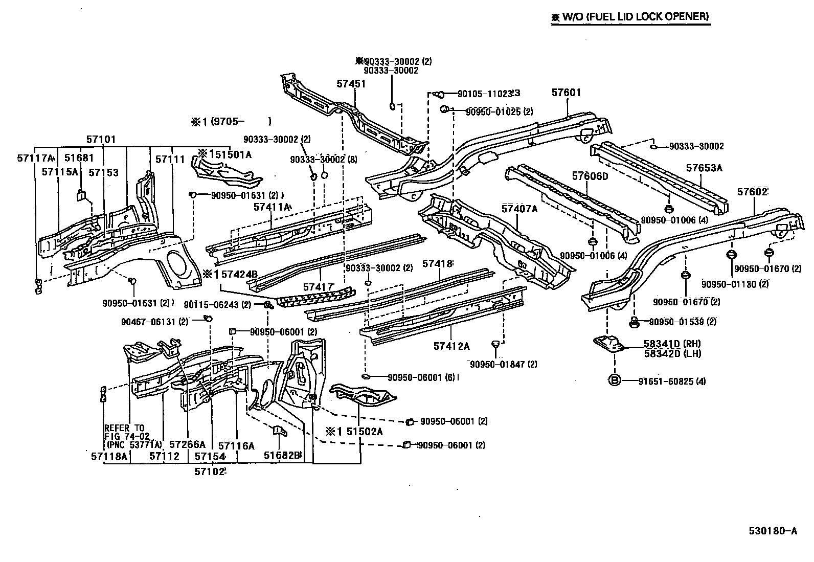 Toyota COROLLA Floor stringers EPC diagram — 530180A