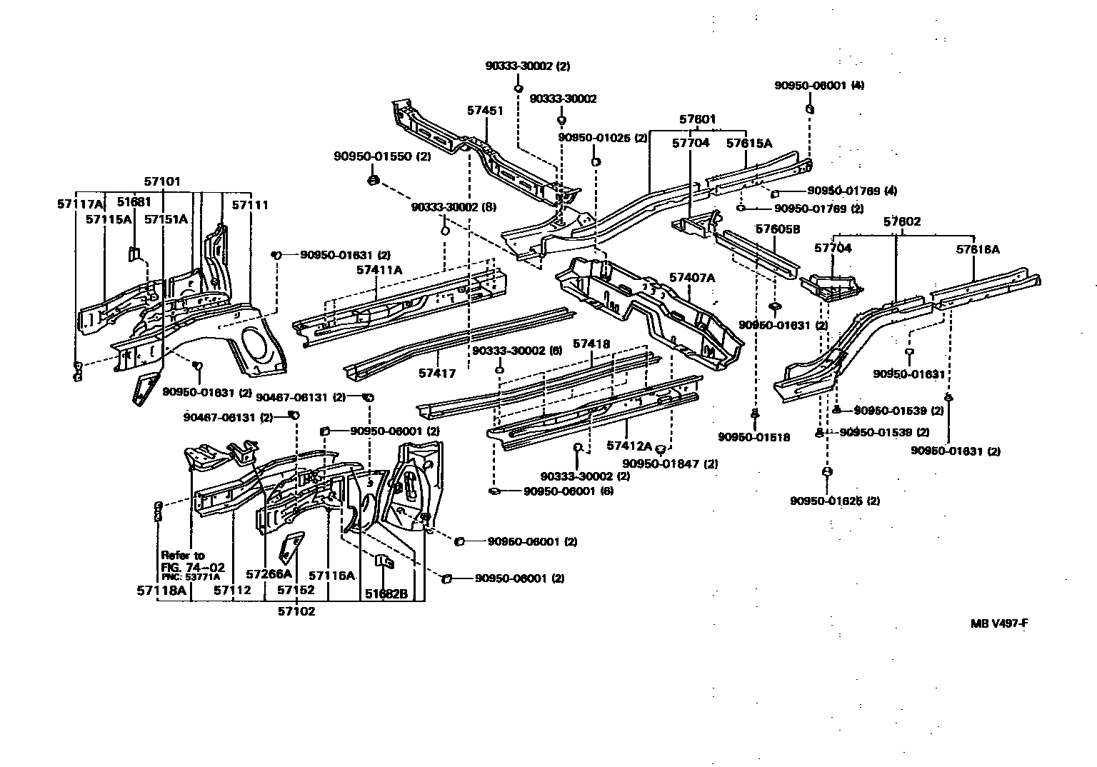 Toyota COROLLA Floor stringers EPC diagram — MBV497F