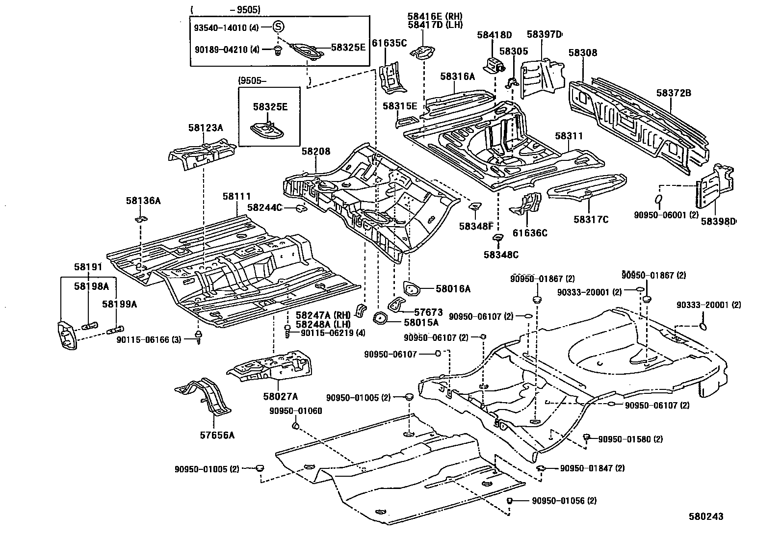 Toyota COROLLA 浅盘形地板和车身下背板 EPC diagram — 580243