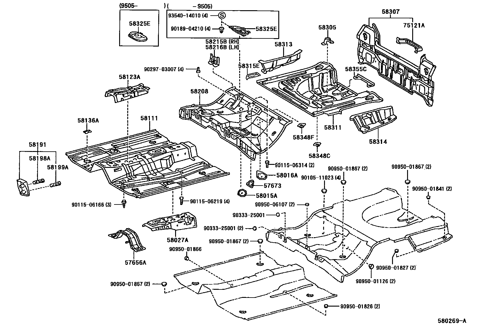 Toyota COROLLA 浅盘形地板和车身下背板 EPC diagram — 580269A