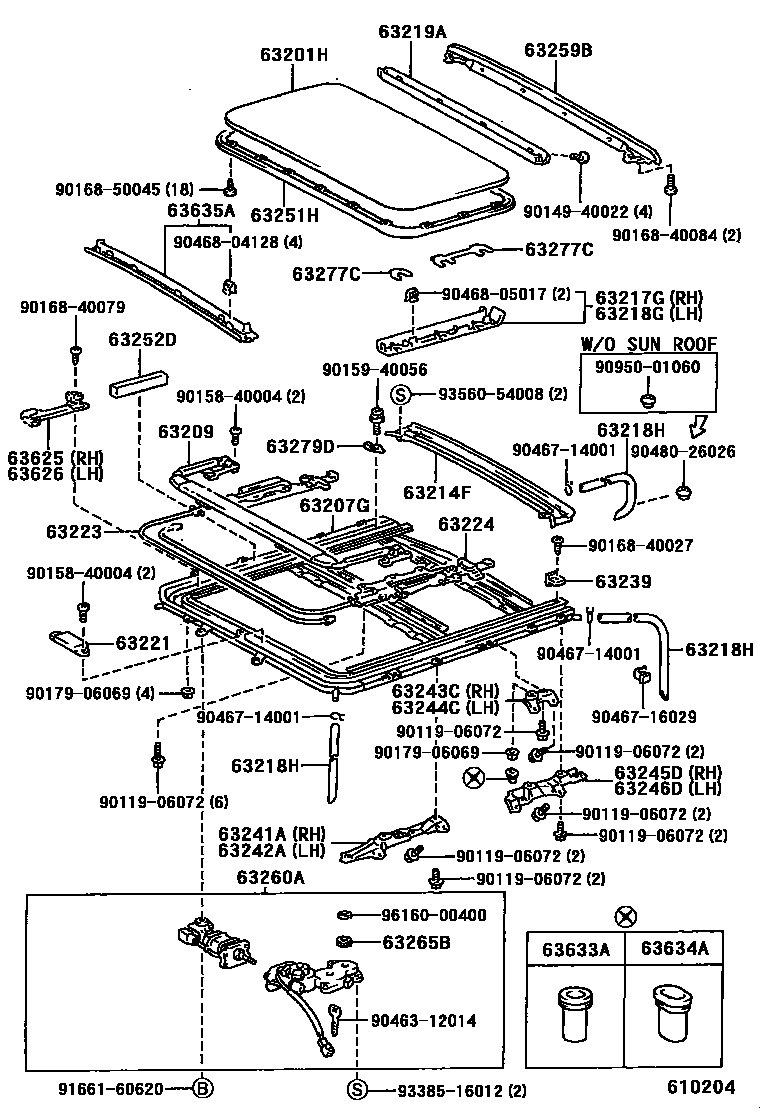 Toyota COROLLA 天窗板和背窗玻璃 EPC diagram — 610204