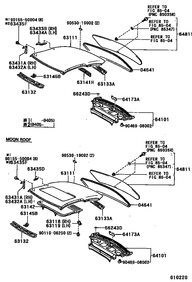 Toyota COROLLA 天窗板和背窗玻璃 EPC diagram — 610220