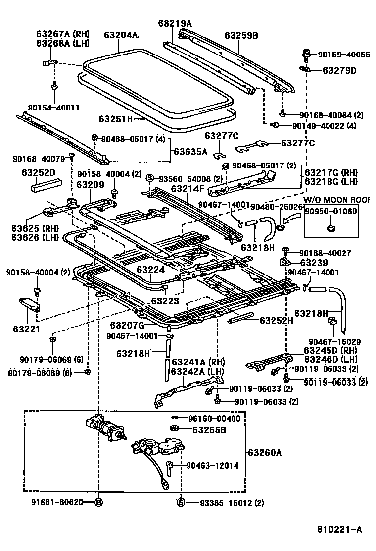 Toyota COROLLA 天窗板和背窗玻璃 EPC diagram — 610221A