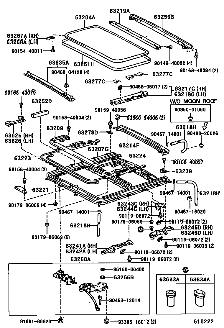 Toyota COROLLA 天窗板和背窗玻璃 EPC diagram — 610222