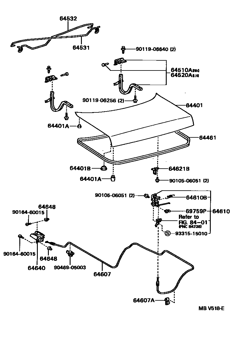 Toyota COROLLA 行李箱门和行李箱锁 EPC diagram — MBV518E