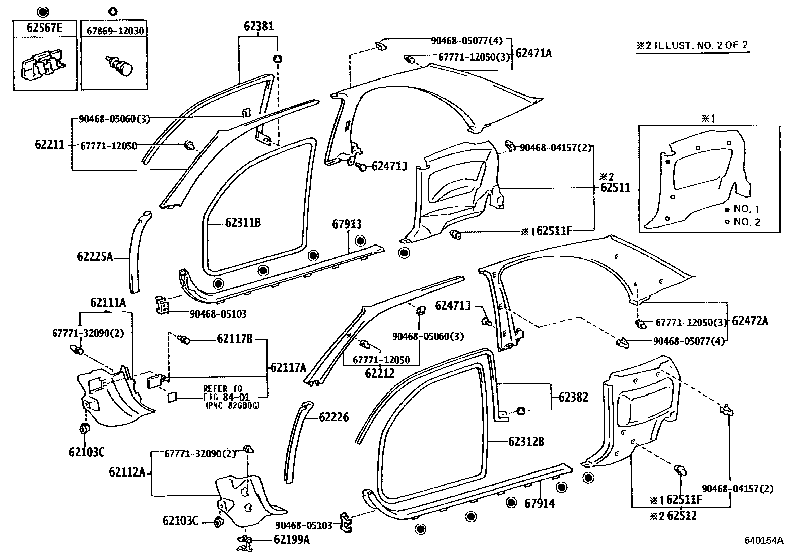 Toyota COROLLA 内饰板和车门防水胶条 EPC diagram — 640154A
