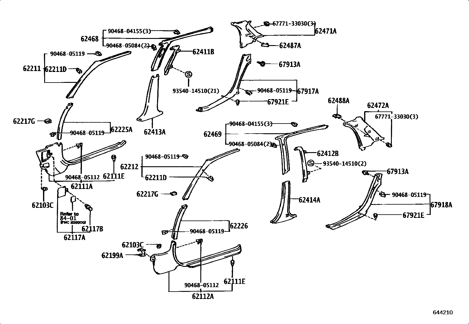 Toyota COROLLA 内饰板和车门防水胶条 EPC diagram — 644210