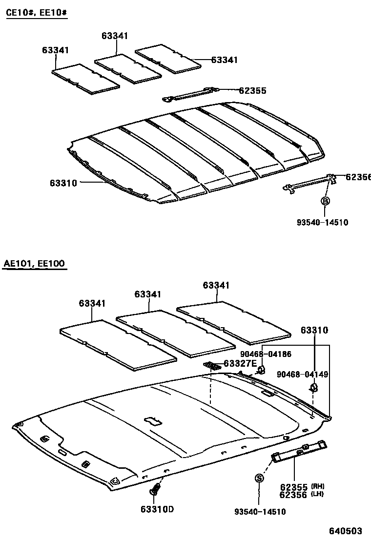 Toyota COROLLA 车顶内衬和消声垫 EPC diagram — 640503