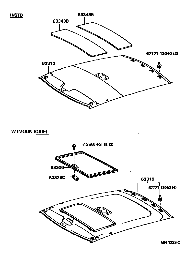 Toyota COROLLA 车顶内衬和消声垫 EPC diagram — MN1233C