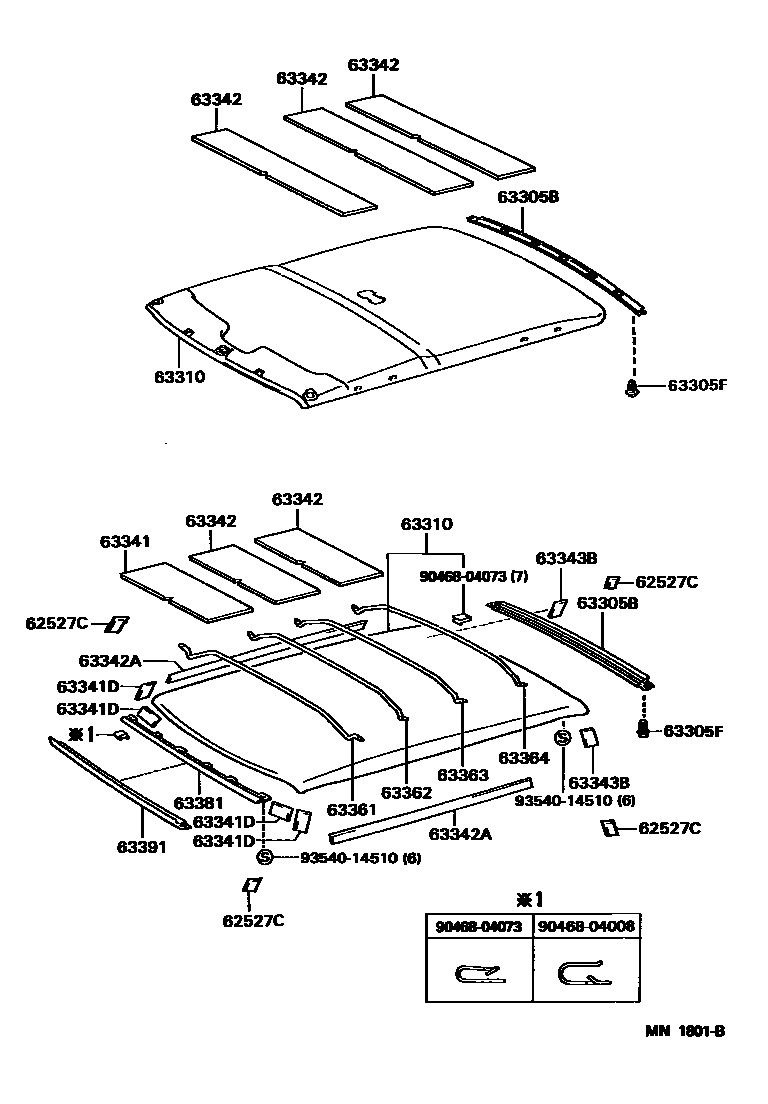 Toyota COROLLA 车顶内衬和消声垫 EPC diagram — MN1801B