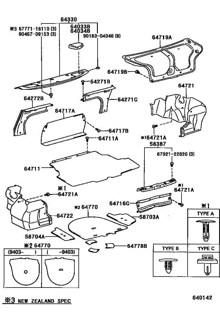 Toyota COROLLA 杂物箱板和行李箱垫 EPC diagram — 640142