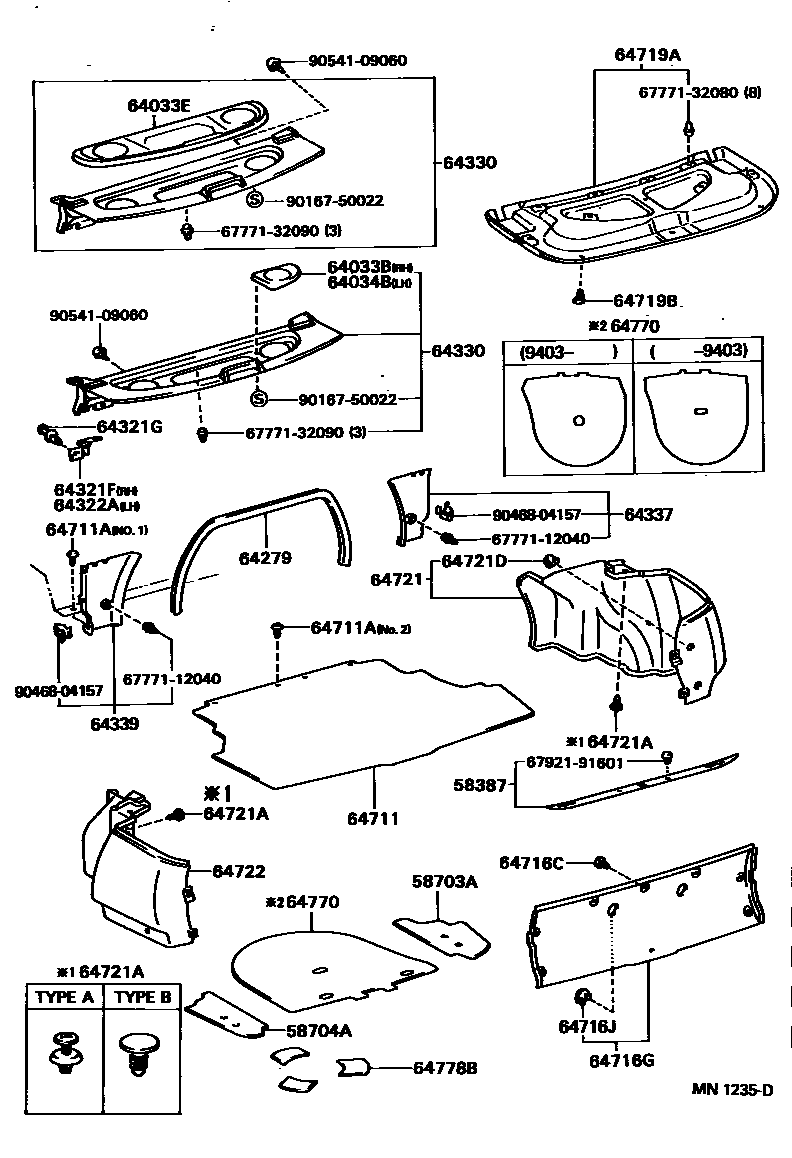 Toyota COROLLA 杂物箱板和行李箱垫 EPC diagram — MN1235D