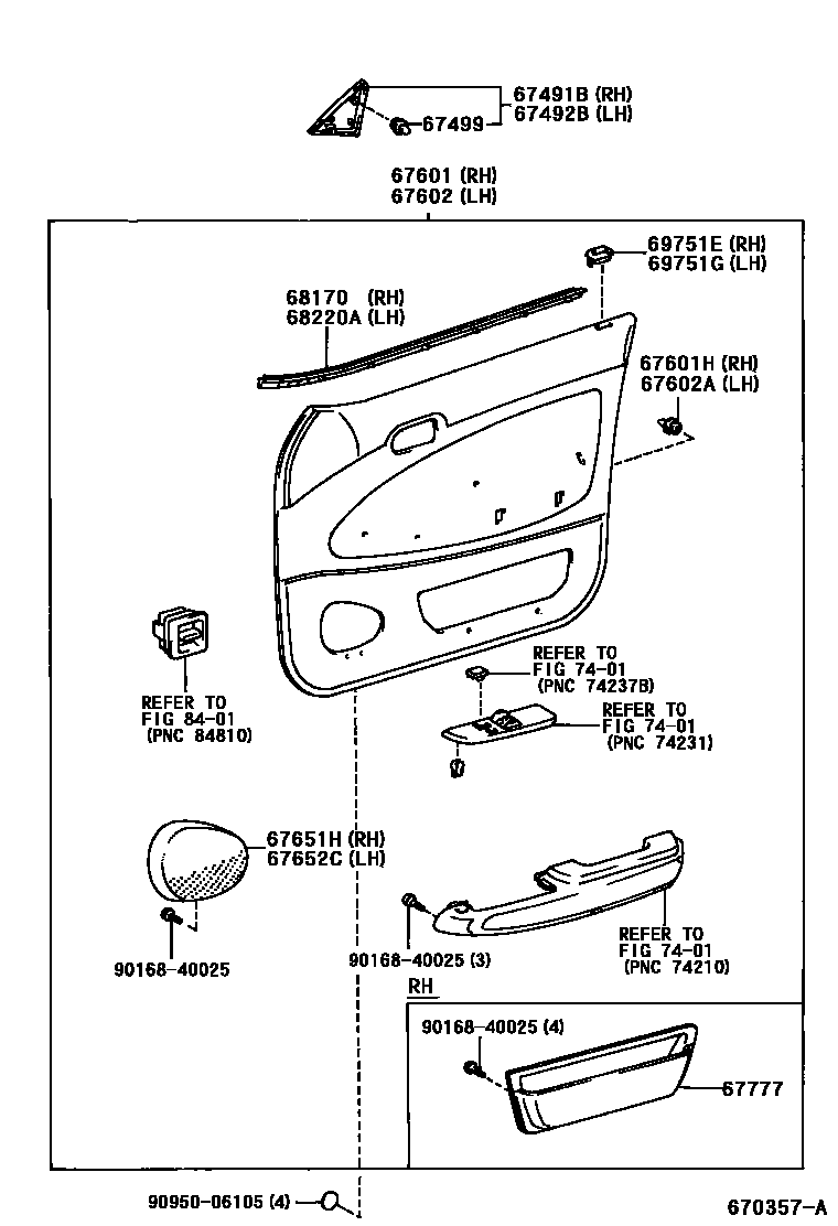Toyota COROLLA 前门板和前门玻璃 EPC diagram — 670357A
