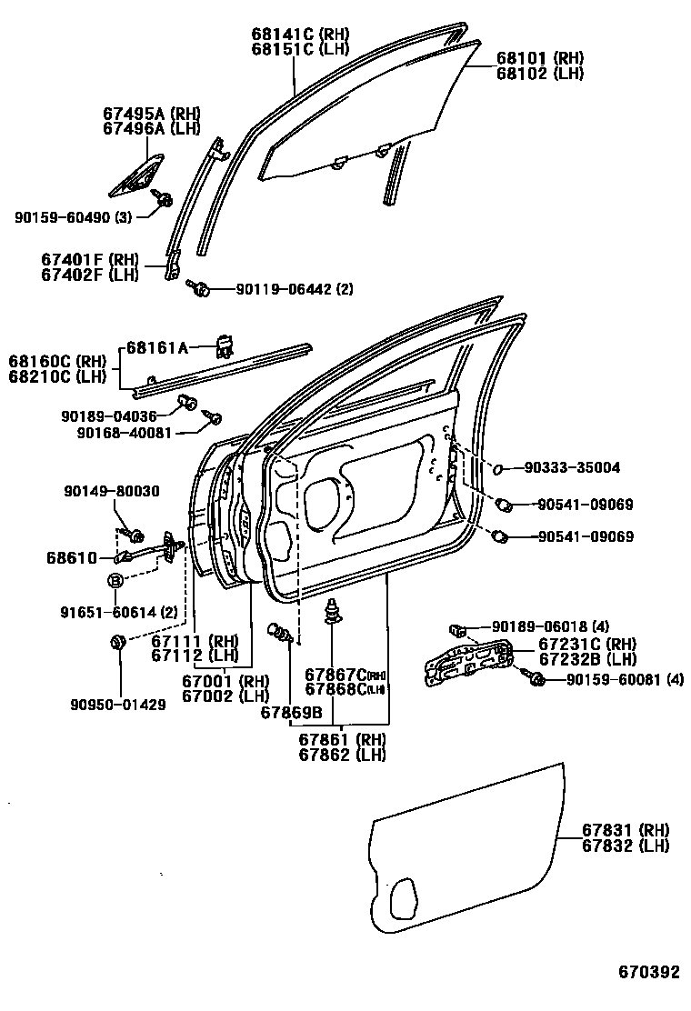 Toyota COROLLA 前门板和前门玻璃 EPC diagram — 670392