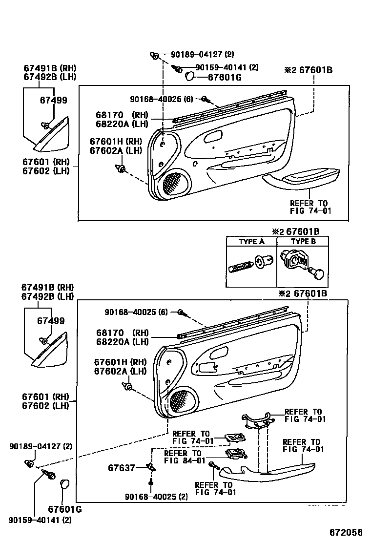 Toyota COROLLA 前门板和前门玻璃 EPC diagram — 672056
