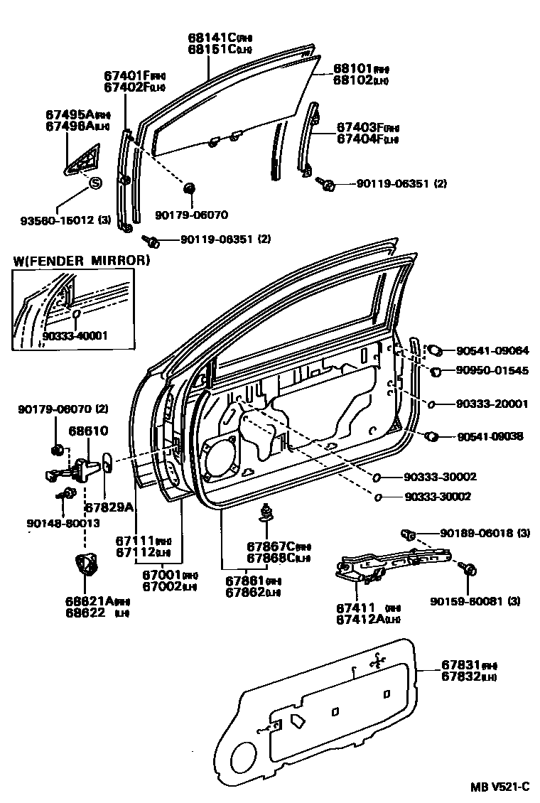 Toyota COROLLA 前门板和前门玻璃 EPC diagram — MBV521C