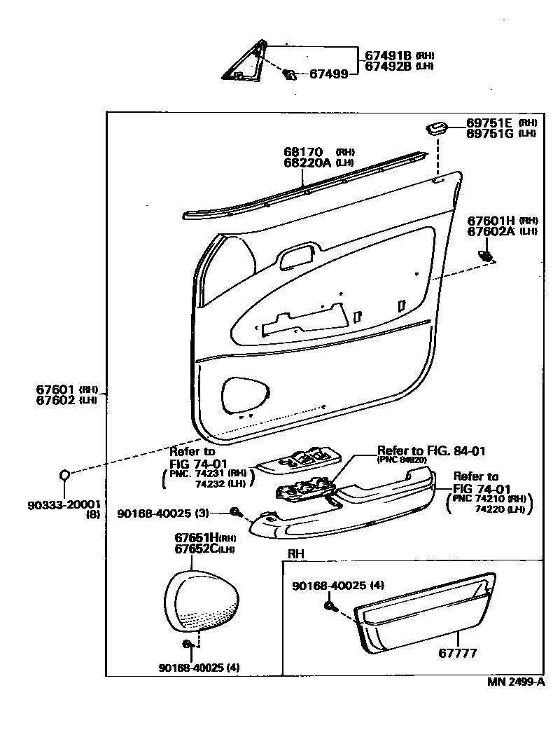 Toyota COROLLA 前门板和前门玻璃 EPC diagram — MN2499A