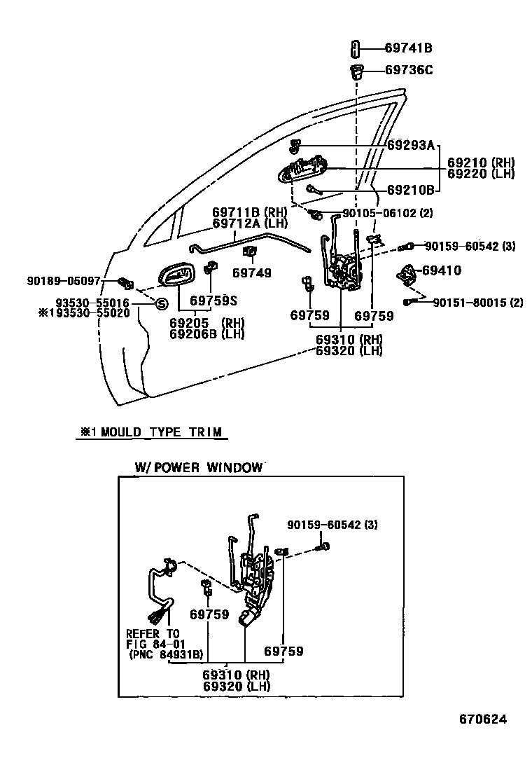 Toyota COROLLA 前门锁和车门把手 EPC diagram — 670624