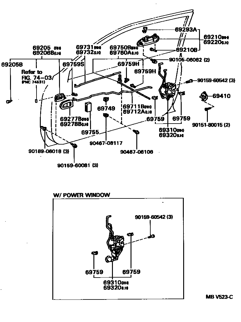 Toyota COROLLA 前门锁和车门把手 EPC diagram — MBV523C