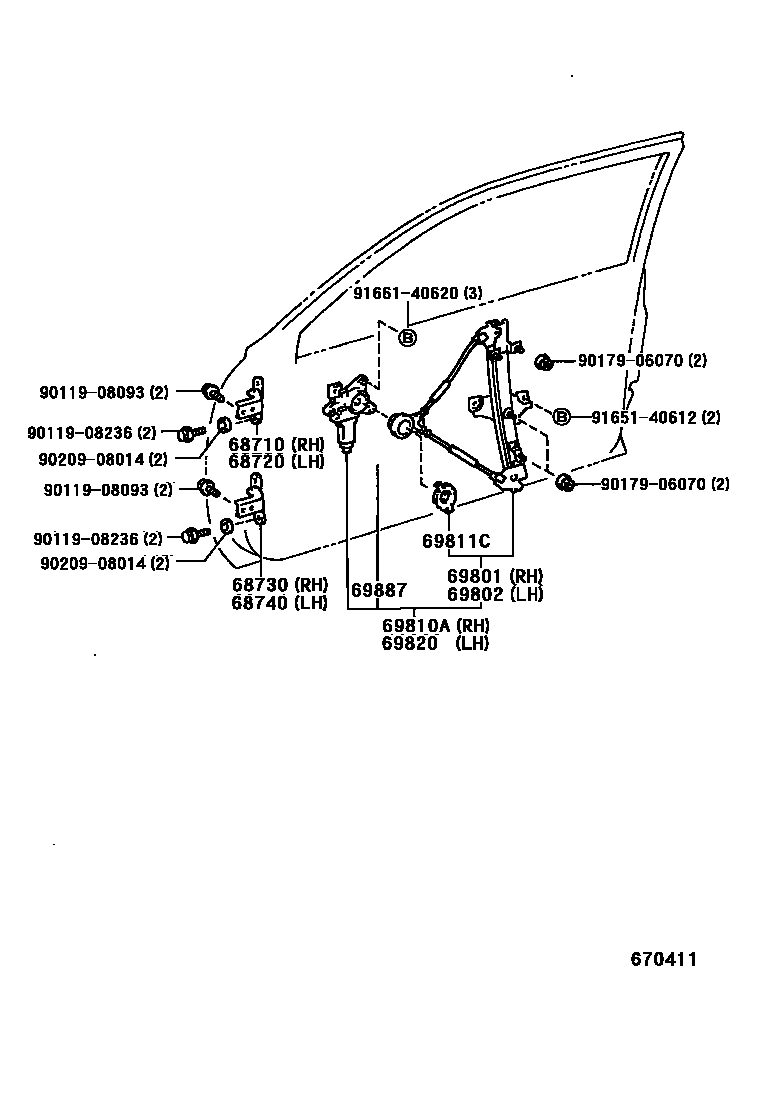 Toyota COROLLA 前门车窗升降器和合页 EPC diagram — 670411