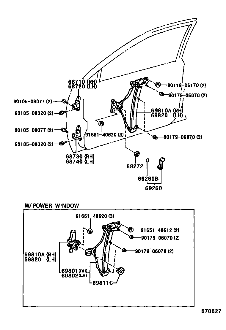 Toyota COROLLA 前门车窗升降器和合页 EPC diagram — 670627