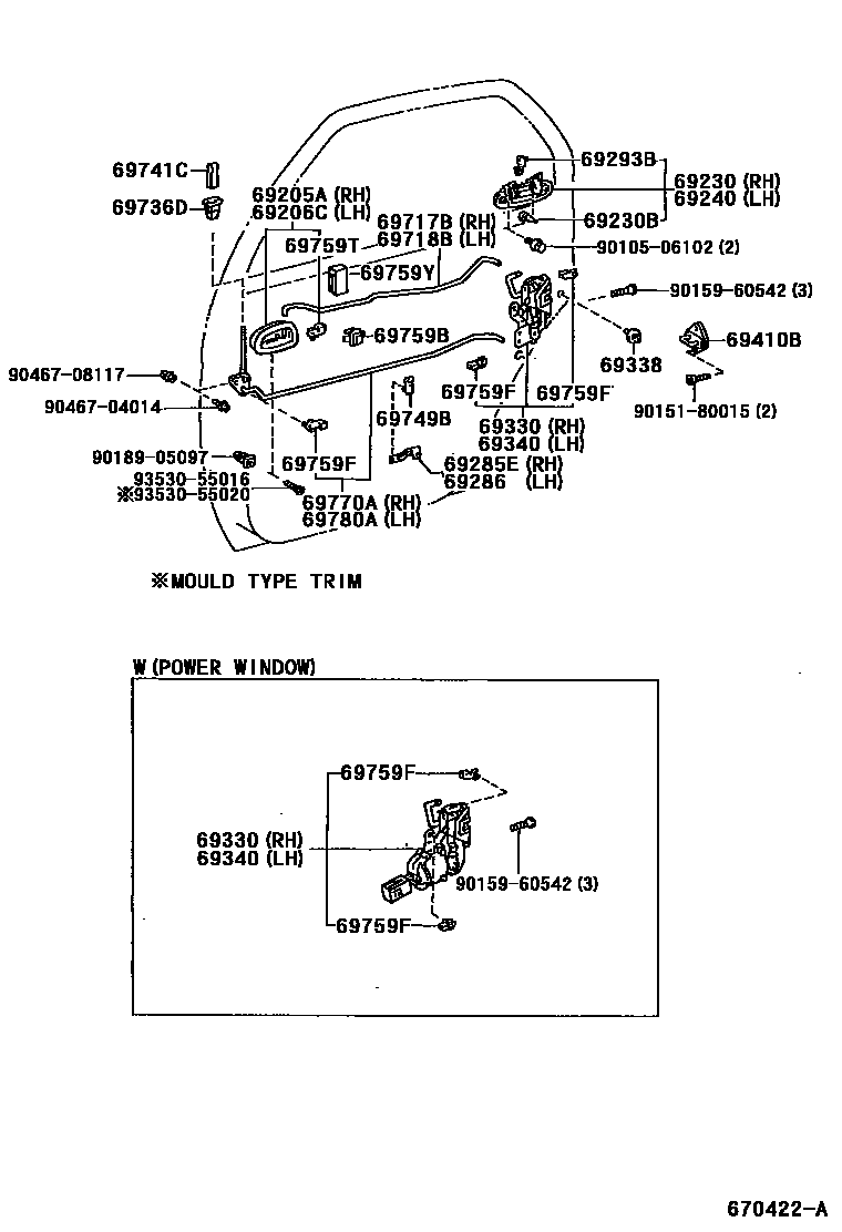 Toyota COROLLA 后门锁和后门把手 EPC diagram — 670422A