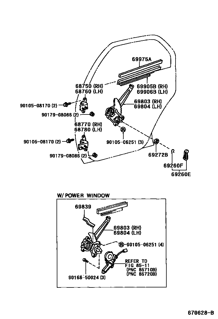 Toyota COROLLA 后门车窗升降器和合页 EPC diagram — 670628B