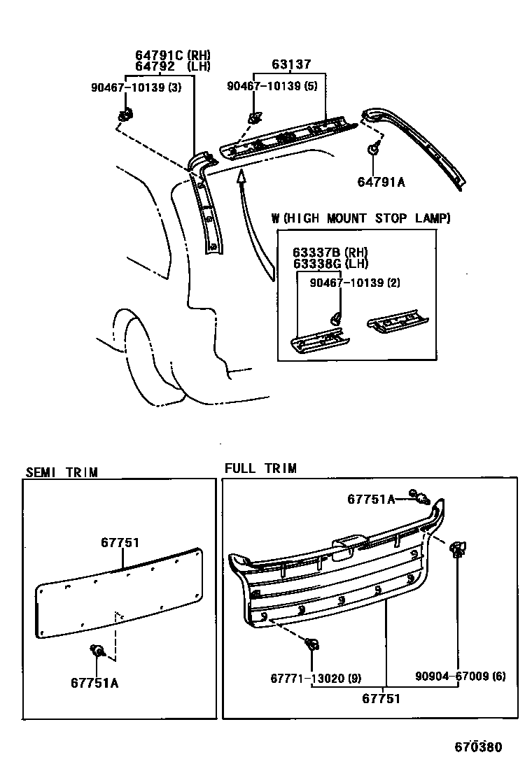 Toyota COROLLA 背门板和背门玻璃 EPC diagram — 670380