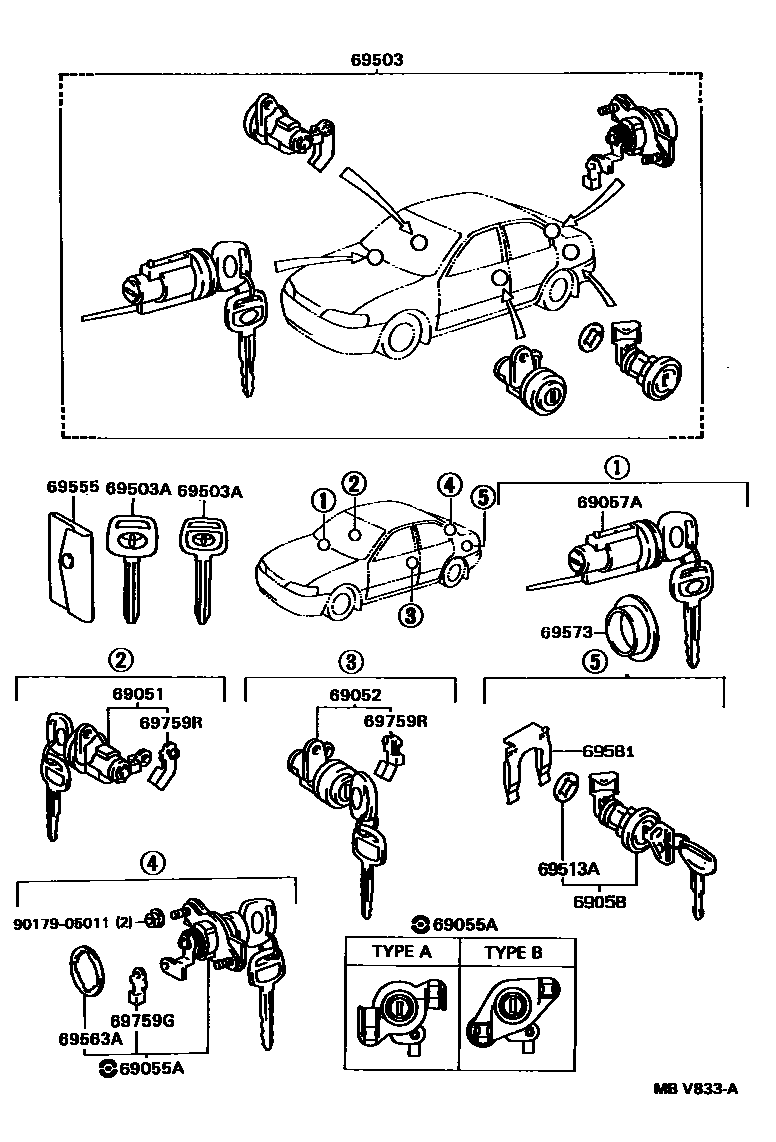 Toyota COROLLA 锁芯组件 EPC diagram — MBV833A