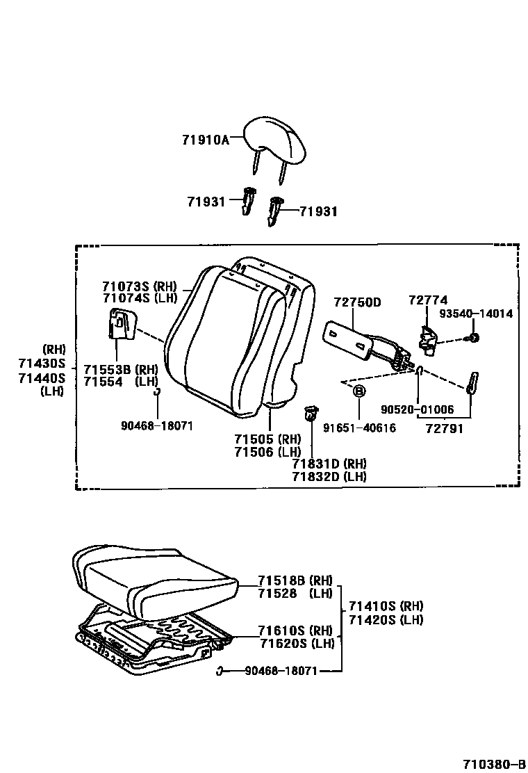 Toyota COROLLA 前排座椅和座椅滑轨 EPC diagram — 710380B