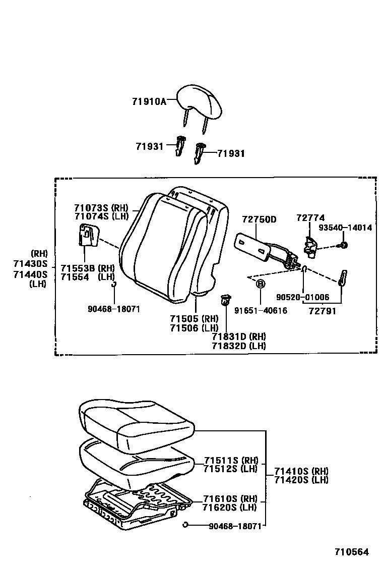 Toyota COROLLA 前排座椅和座椅滑轨 EPC diagram — 710564