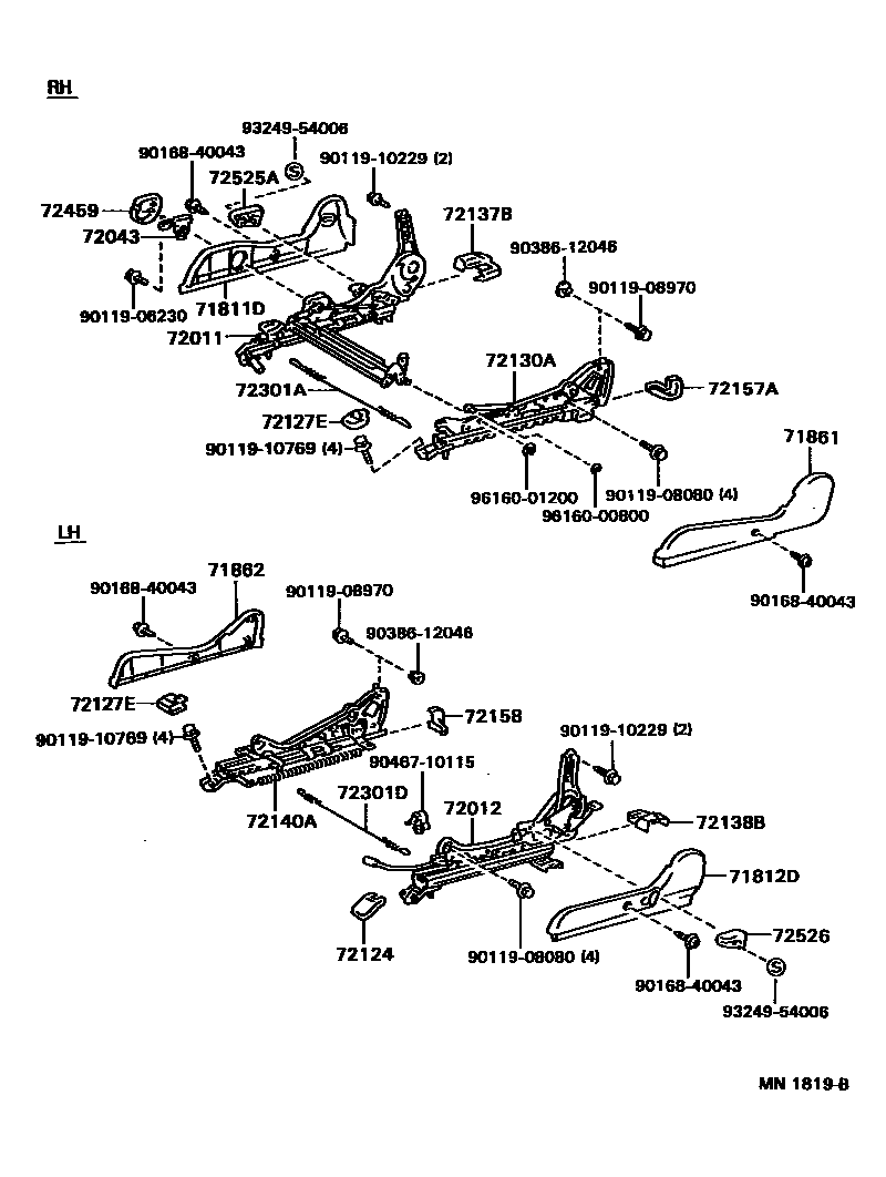 Toyota COROLLA 前排座椅和座椅滑轨 EPC diagram — MN1819B