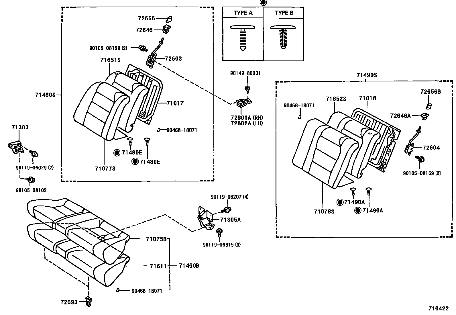Toyota COROLLA 后排座椅和座椅滑轨 EPC diagram — 710422