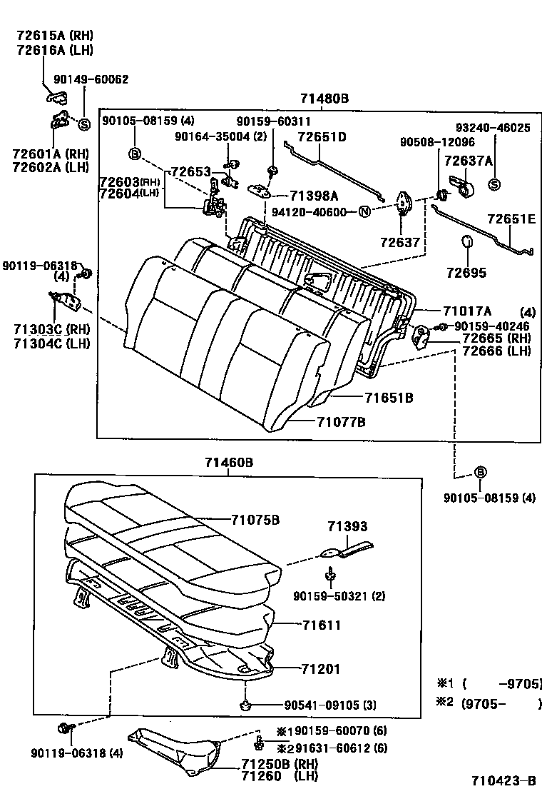 Toyota COROLLA 后排座椅和座椅滑轨 EPC diagram — 710423B